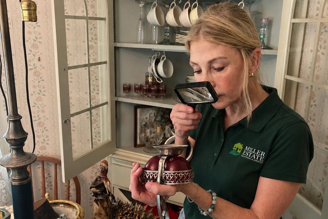 A Miller Estate Solutions specialist examining a silver-mounted cranberry glass piece through a jeweler's loupe