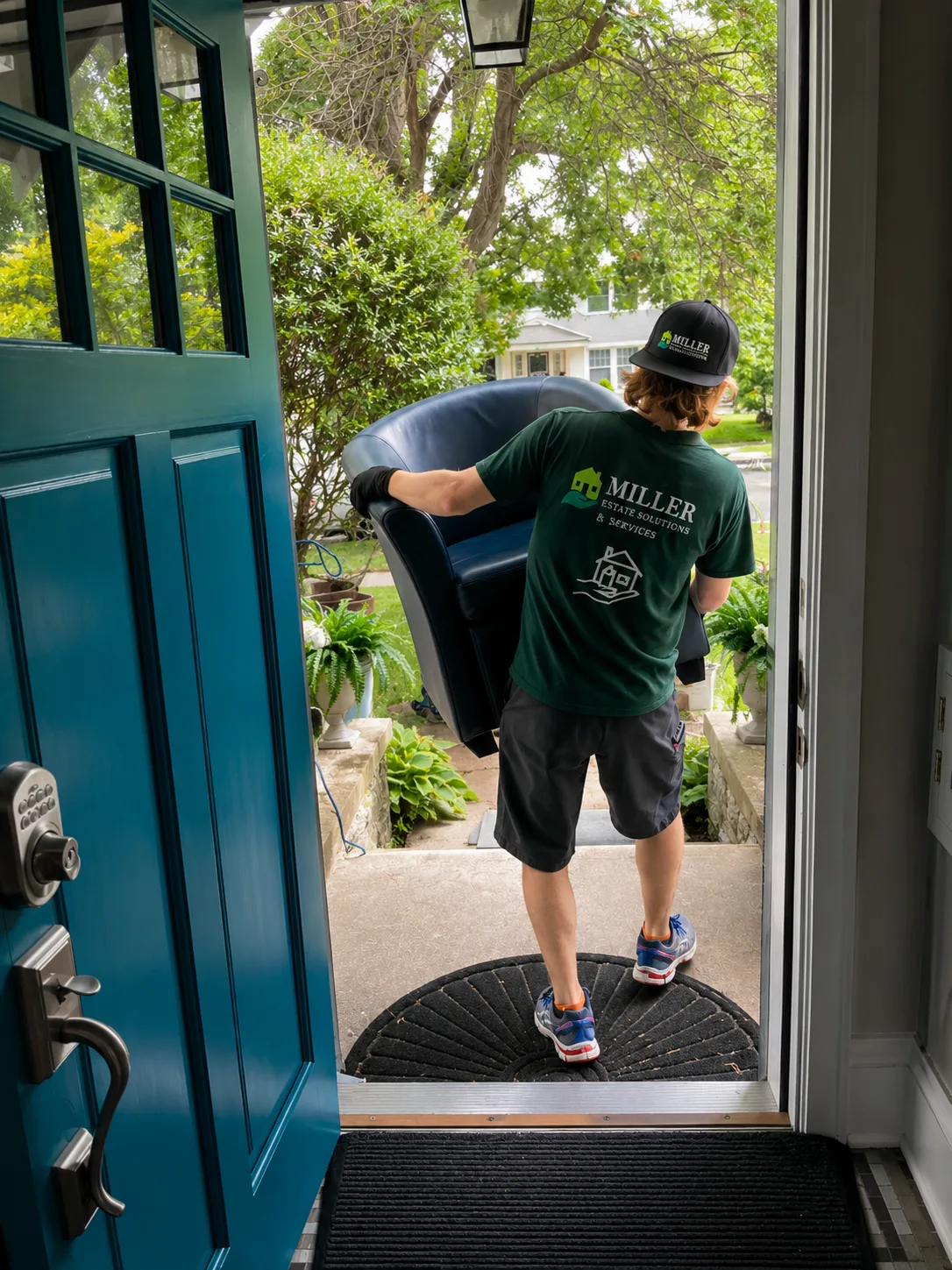 A Miller Estate Solutions team member carrying a chair out during a downsizing project